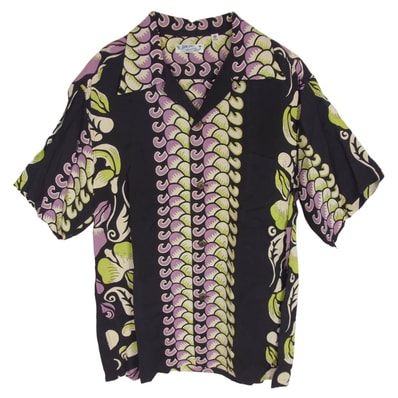 SUN SURF サンサーフ 半袖シャツ SS33864 GEOMETRICAL LEI BORDER ジオメトリカル レイ ボーダー 半袖 アロハシャツ 黒紫茶系 M【中古】