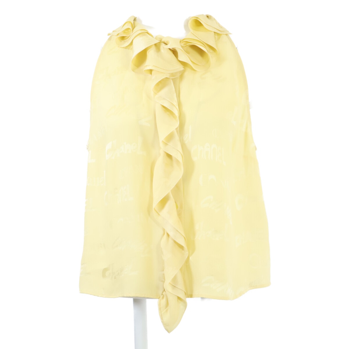 シャネル 美品 22SS P72306V63957 シルク ロゴ総柄 ノースリーブ フリル 40