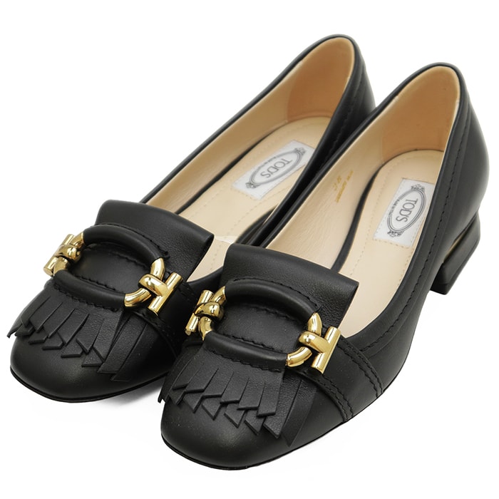 SALE【極美品】TOD'S トッズ パンプス サイズ 36 レディース レザー フリンジ Tバックル シューズ 革靴 袋付属 ブラック ゴールド 黒 金色 イタリア製