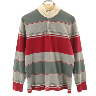 GAP ギャップ ボーダー柄 長袖 スタンドカラー ポロシャツ S グレー