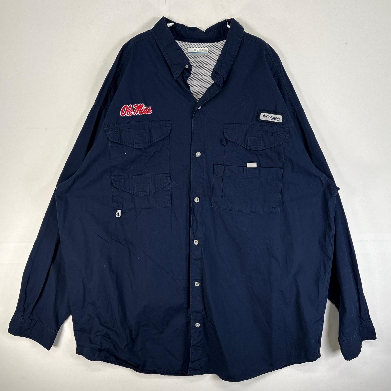 古着 コロンビア Columbia 長袖シャツ 大きいサイズ PFG フィッシングギア ワンポイント ロゴ XL ネイビー 無地 メンズ