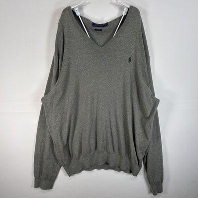 古着 ポロ・ラルフローレン POLO RALPH LAUREN 長袖 セーター ロゴ 刺繍 大きいサイズ Vネック XLT TALL グレー 無地 メンズ
