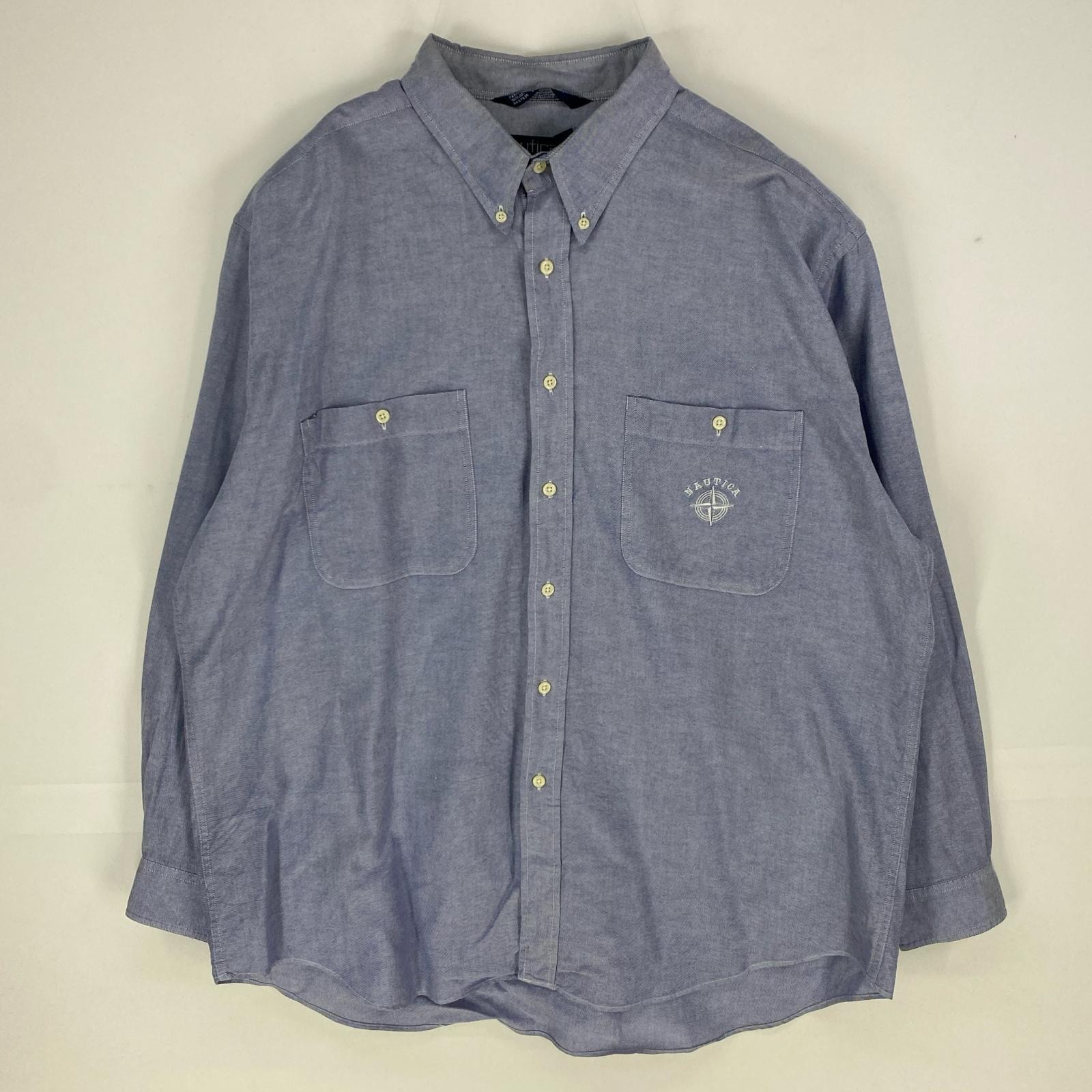 古着 90's/90年代 ノーティカ NAUTICA 長袖シャツ ボタンダウン 刺繍ロゴ ワンポイント 大きいサイズ XL ブルー系 無地 メンズ