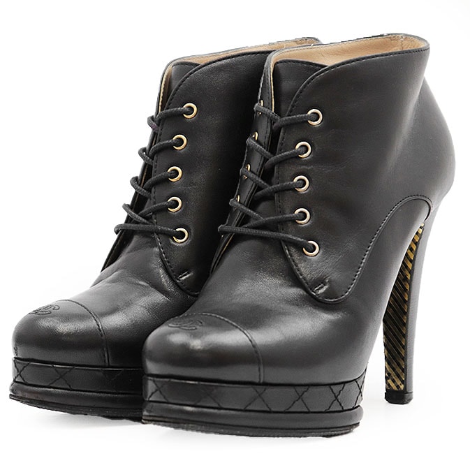 シャネル ヒール レースアップ ブーツ レディース ブラック 36 1/2 CHANEL