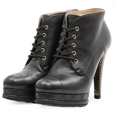 シャネル ヒール レースアップ ブーツ レディース ブラック 36 1/2 CHANEL