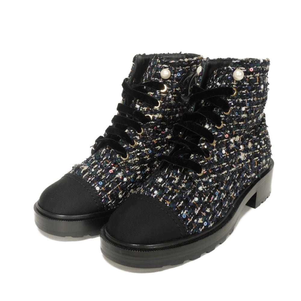 CHANEL シャネル ツイード レースアップ ショート 38 1/2 CCマーク パール スパンコール マルチカラー 25.5cm 未使用 ココマーク ブラック ブーツ G35154