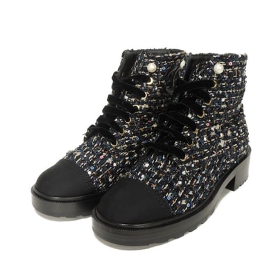 CHANEL シャネル ツイード レースアップ ショート 38 1/2 CCマーク パール スパンコール マルチカラー 25.5cm 未使用 ココマーク ブラック ブーツ G35154