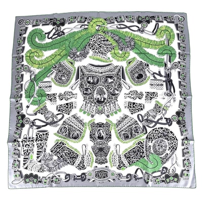HERMES エルメス スカーフ カレ90 SOUS LE GIDE DE MARS 軍師マルス ファッションアイテム シルク グレー グリーン 緑 レディース 美品【中古品】