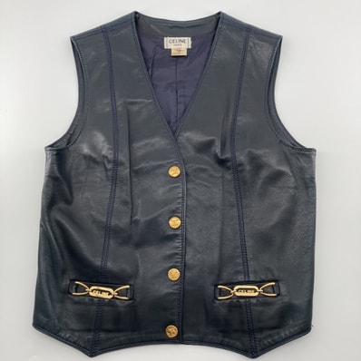 CELINE(セリーヌ) ホースビット カーフレザー ロゴボタン ヴィンテージ 42 ベスト ブラック×ゴールド