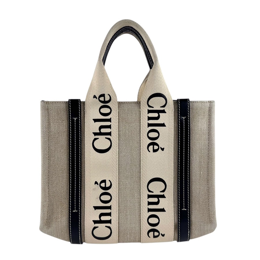 クロエ Chloe ハンドバッグ Woody スモール キャンバス/レザー ベージュ×ブラック レディース【中古】 z8140
