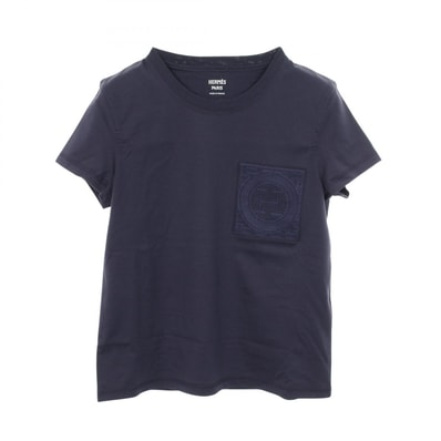 エルメス HERMES モザイク H刺繍 ポケット付き 半袖Tシャツ 衣料品 トップス コットン レディース ネイビー系 3E4620DL 【中古】