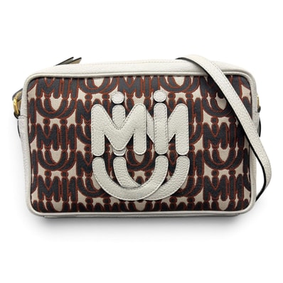 miumiu 希少 美品 ミュウミュウ JACGUARD MADRAS ジャガードマドラス ショルダーバッグ 5BH116 キャンバス レザー ホワイト マルチカラー クロスボディ ロゴ ABランク 中古 鑑定済 ミュウミュウバッグ