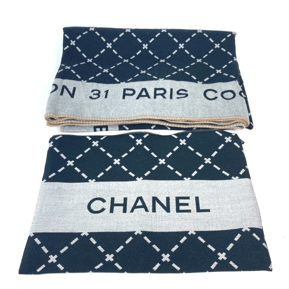 シャネル CHANEL ロゴ 大判 ポーチ付き  インテリア ひざかけ ブランケット ウール ブラック 美品