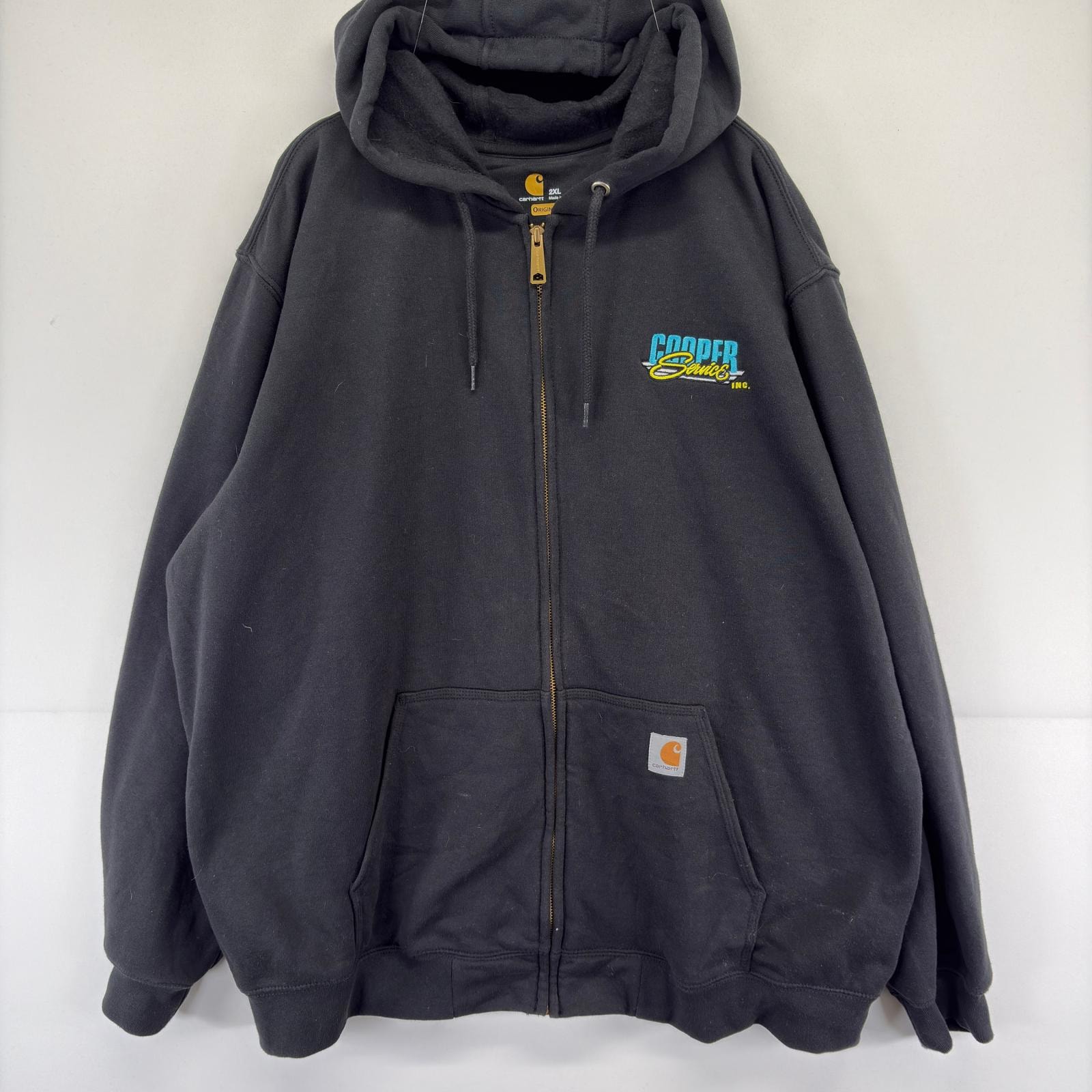 古着 カーハート Carhartt ジャケット ワンポイント 大きいサイズ ロゴ スウェット パーカー フルジップ 刺繍 2XL  ブラック メンズ