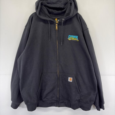 古着 カーハート Carhartt ジャケット ワンポイント 大きいサイズ ロゴ スウェット パーカー フルジップ 刺繍 2XL ブラック メンズ