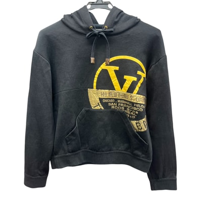 LOUIS VUITTON 美品 ルイヴィトン 20AW ビッグサークル ロゴ パーカー フーディ RW202W FED FJST08 モノグラム コットン ブラック ゴールド ショート丈 スウェット LV ヴィトン ABランク 中古 鑑定済 ヴィトンパーカー