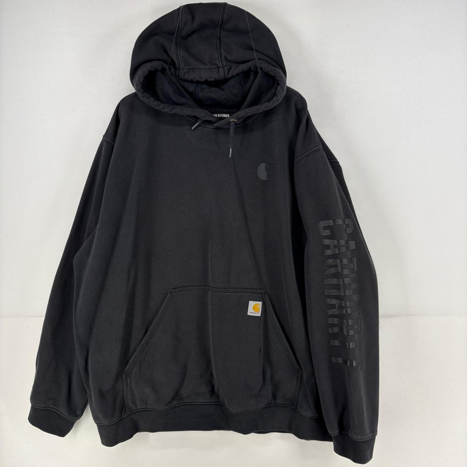 古着 カーハート Carhartt パーカー スウェット プルオーバー 大きいサイズ ロゴ 袖ロゴ プリント 2XL  ブラック メンズ