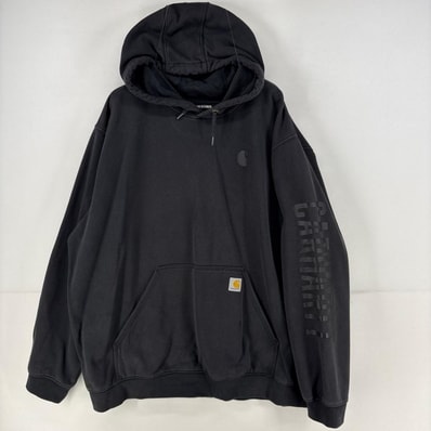 古着 カーハート Carhartt パーカー スウェット プルオーバー 大きいサイズ ロゴ 袖ロゴ プリント 2XL ブラック メンズ