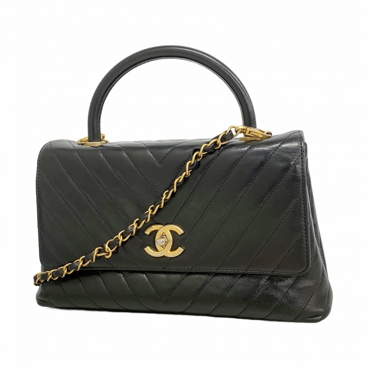 【6da0026】シャネル ハンドバッグ Vステッチ カーフ ブラック シャンパンゴールド金具 2wayバッグ【中古】レディース