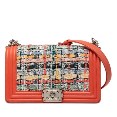 シャネル ココマーク ボーイシャネル チェーン ショルダーバッグ オレンジ マルチカラー ラムスキン ツイード レディース CHANEL 【中古】
