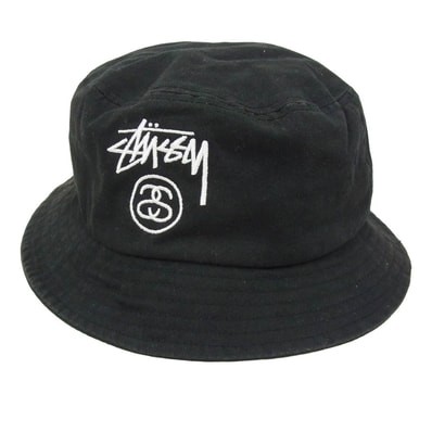 STUSSY ステューシー ロゴ刺繍 バケットハット 帽子 ブラック系 L XL【中古】