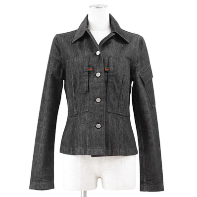 GUCCI グッチ ジャケット ブラックデニム Gジャン サイズ 40 レディース ロゴ ボタン カバーオール ワーク シェリーライン ウェブストライプ アウター 黒 イタリア製 207-1118-7184