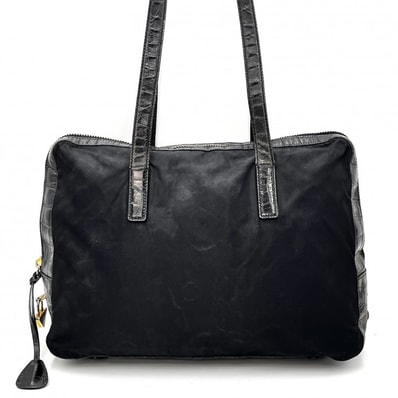 PRADA(プラダ)ナイロン トートバッグ 型押しレザー ショルダーバッグ ブラック ゴールド金具 レディース イタリア製【中古】