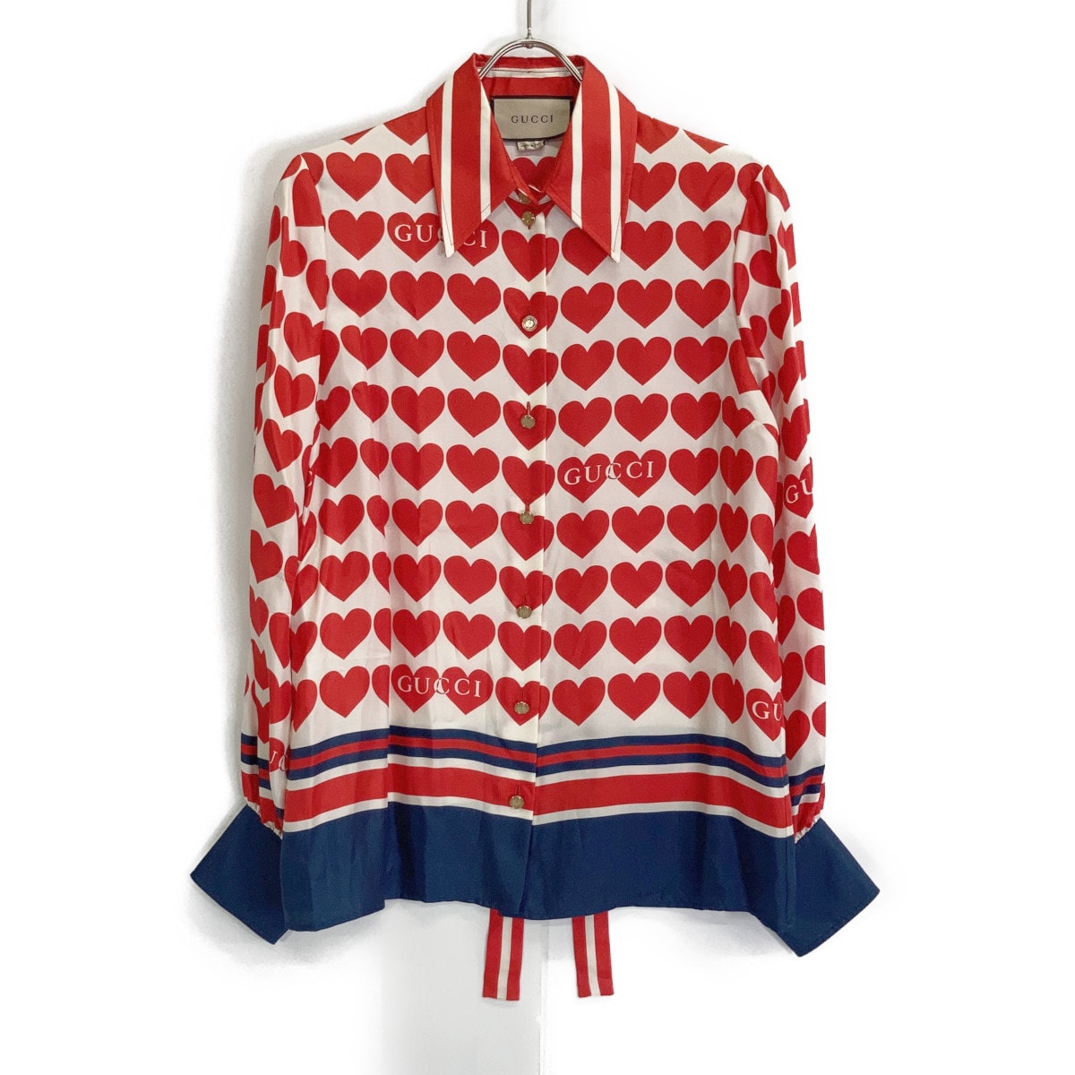 グッチ アイボリー×レッド 686549 シルク ハート ボウタイシャツ 40