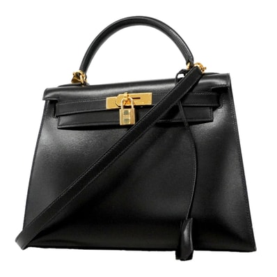 【6he5743】エルメス ハンドバッグ ケリー28 ボックスカーフ ブラック ゴールド金具 〇X刻印 2wayバッグ【中古】レディース