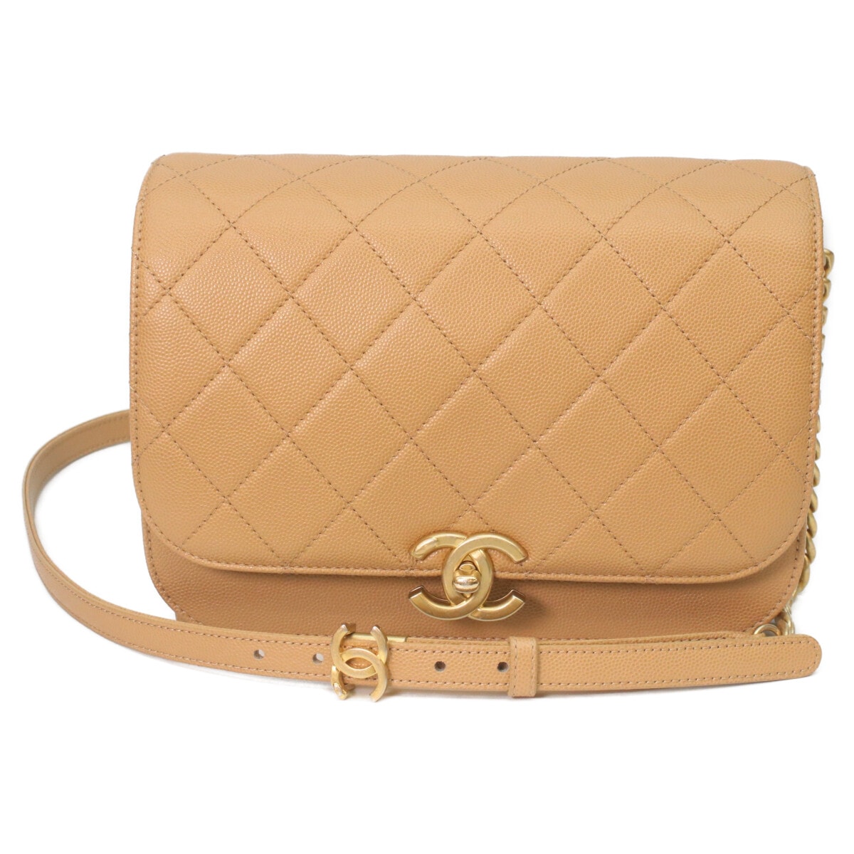 シャネル AS2824 ベージュ キャビア ゴールド金具 マトラッセスモール チェーンショルダーバッグ W22.5