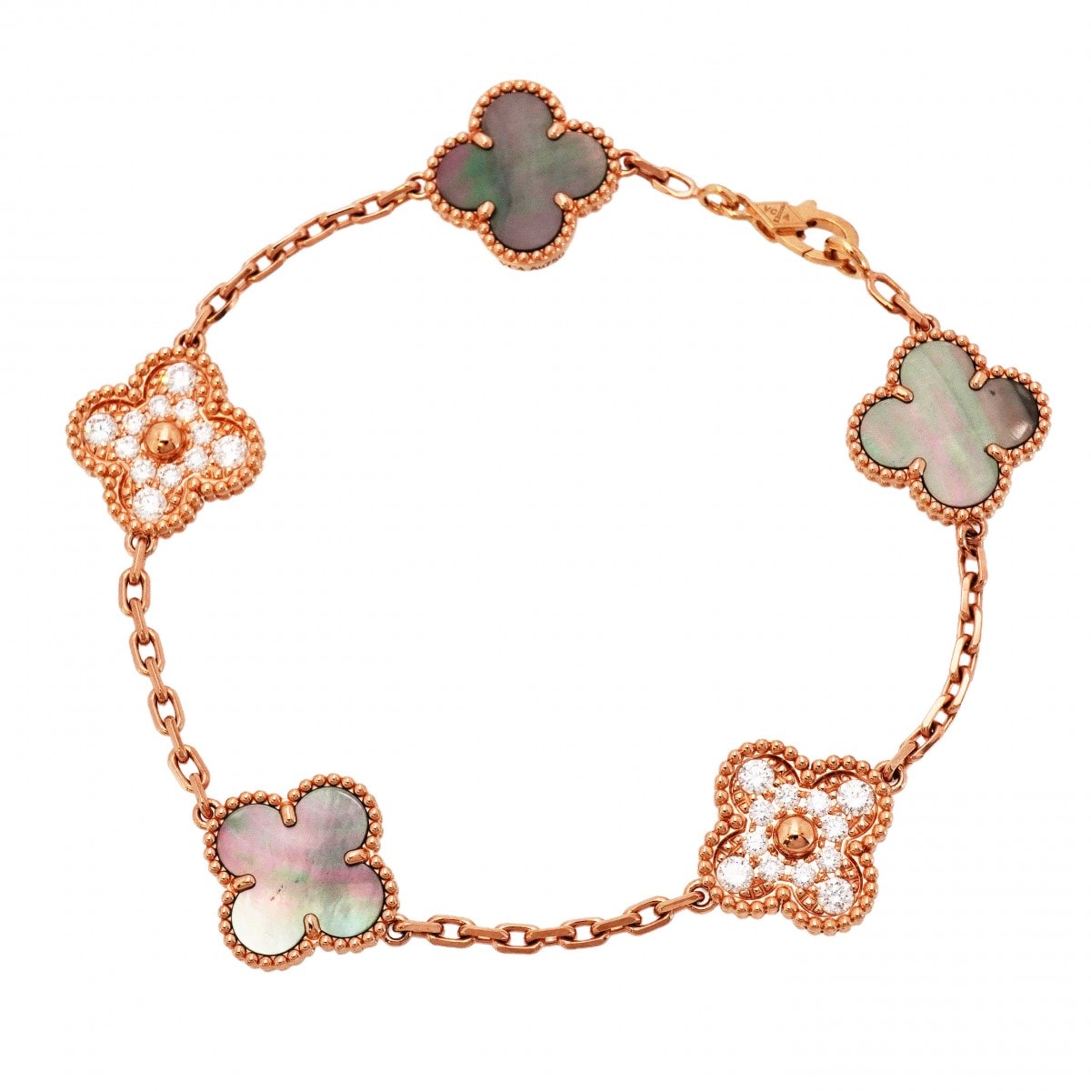 【6jdb0415-12】ヴァンクリーフ&アーペル ブレスレット ヴィンテージ アルハンブラ 5モチーフ K18PG ピンクゴールド ダイヤモンド グレーマザーオブパール【中古】レディース