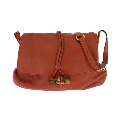 美品 GUCCI グッチ バンブー オレンジ ブラウン ゴールド金具 レザー ショルダーバッグ ポシェット 502185 【中古】