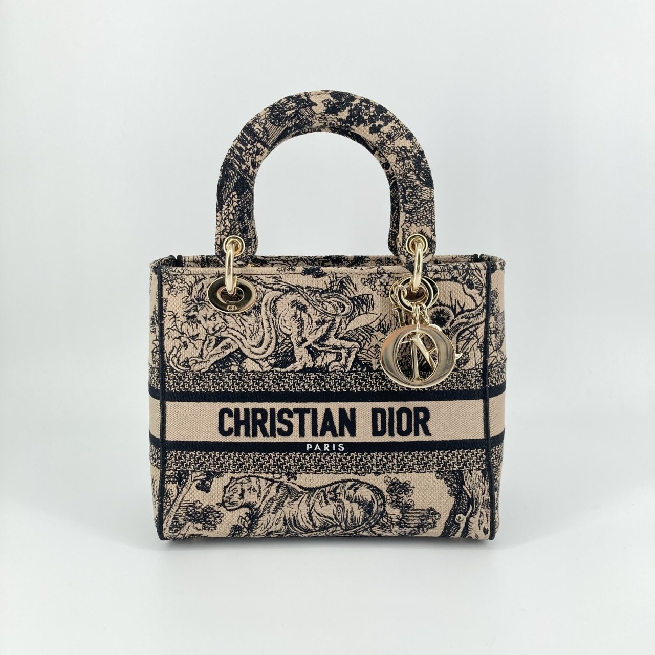Christian Dior(クリスチャンディオール) レディ D-ライト ミディアム トワル ドゥ ジュイ タイガーモチーフ ハンドバッグ ベージュ×ブラック