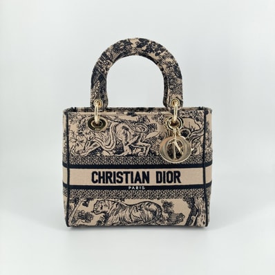 Christian Dior(クリスチャンディオール) レディ D-ライト ミディアム トワル ドゥ ジュイ タイガーモチーフ ハンドバッグ ベージュ×ブラック
