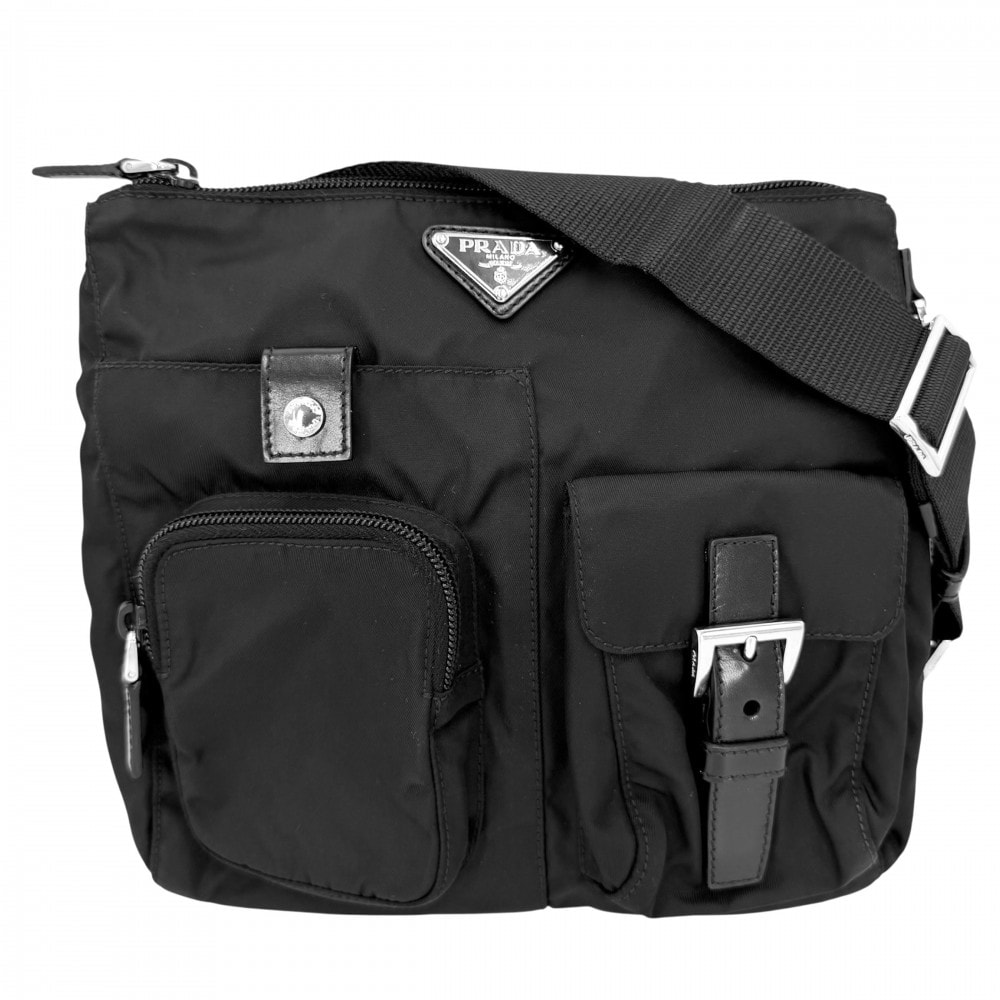 PRADA プラダ ウエストバッグ トライアングルロゴ ウエストポーチ ボディバッグ 肩掛け 斜め掛け メンズ レディース BM0011 ナイロン レザー ブラック 黒 シルバー金具 ユニセックス【中古品】