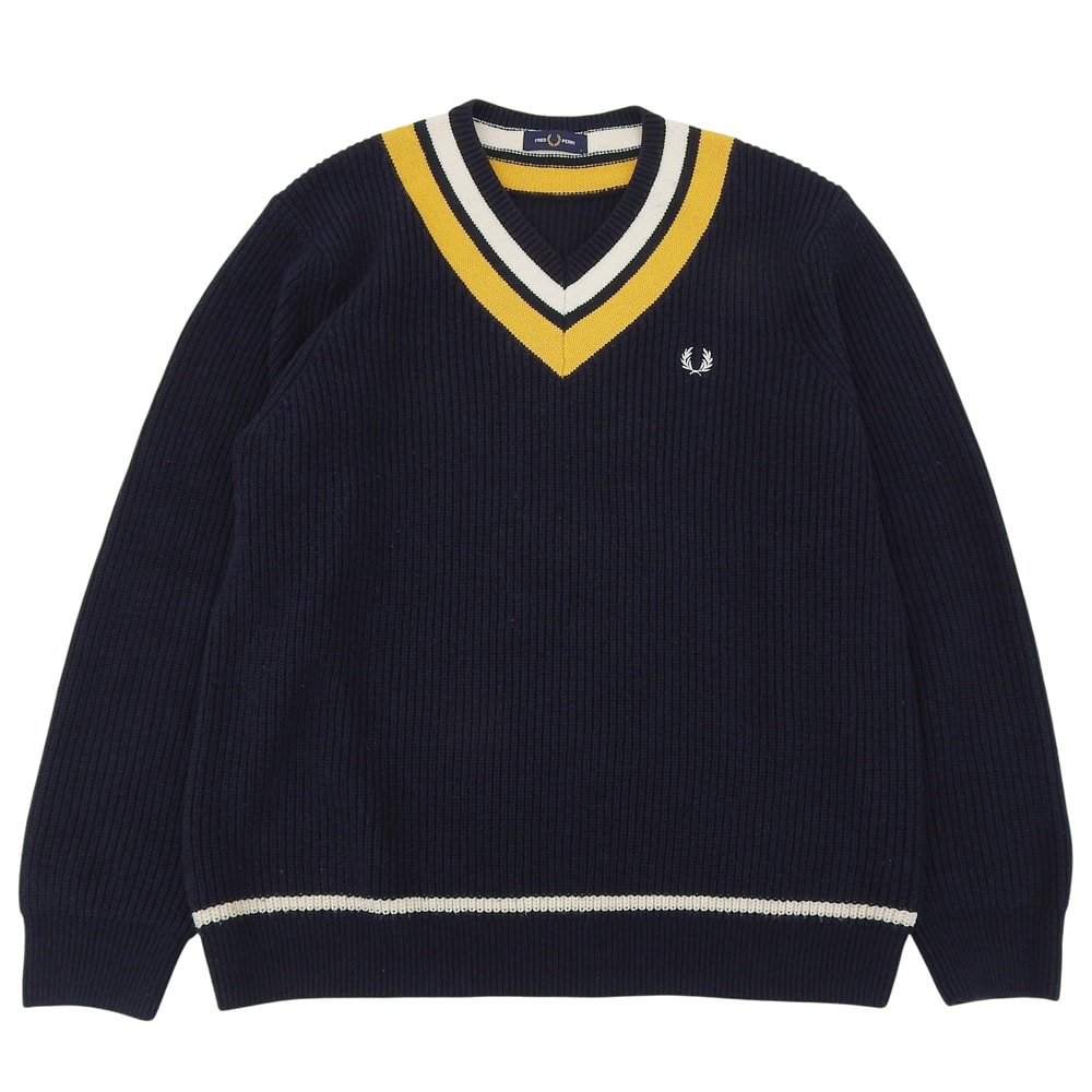 フレッドペリー チルデンニット Vネック コットン ウール トップス メンズ ネイビー×イエロー L L