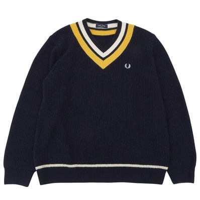 フレッドペリー チルデンニット Vネック コットン ウール トップス メンズ ネイビー×イエロー L L