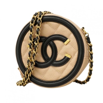 【6dc3732】シャネル ショルダーバッグ チェーンショルダー CCフィリグリー キャビアスキン ベージュ ブラック シャンパンゴールド金具【中古】レディース