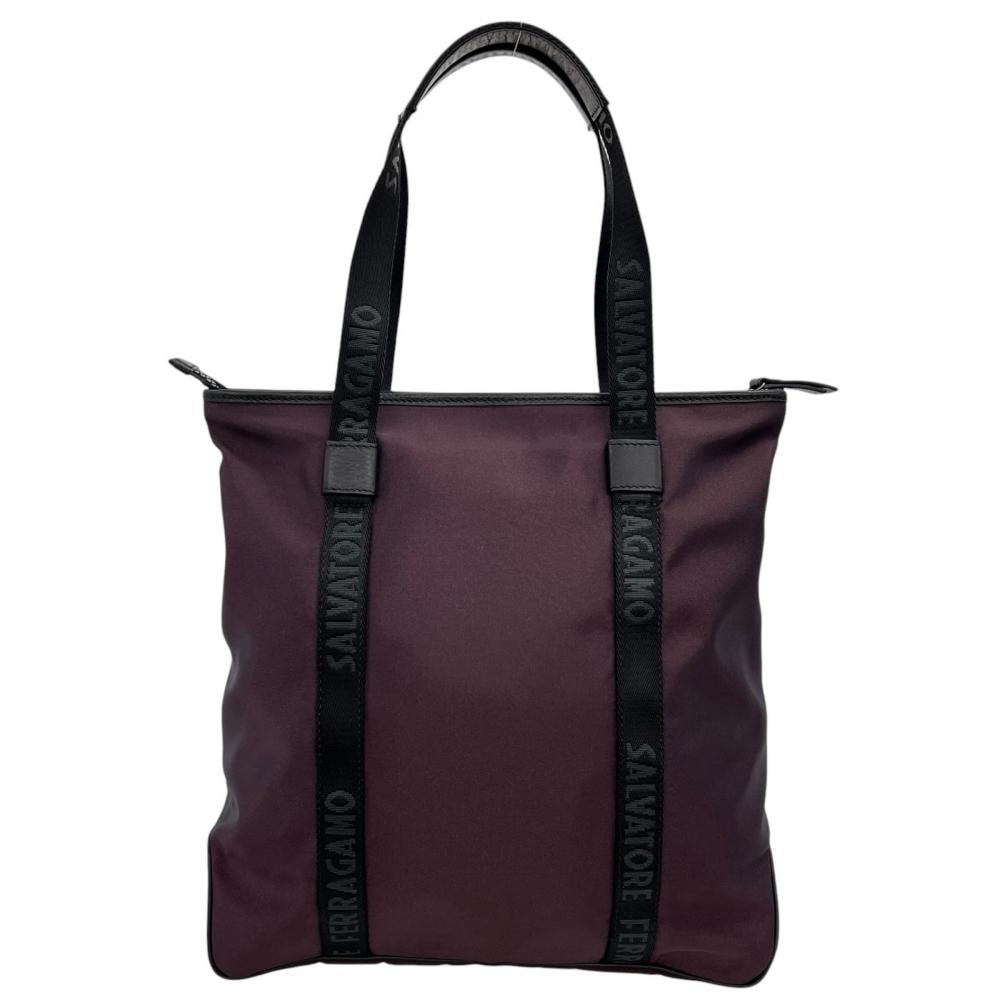 Salvatore Ferragamo サルヴァトーレフェラガモ トートバッグ 肩掛け ナイロン  レザー   パープル 紫
 ブラック 黒 シルバー金具 レディース【中古品】