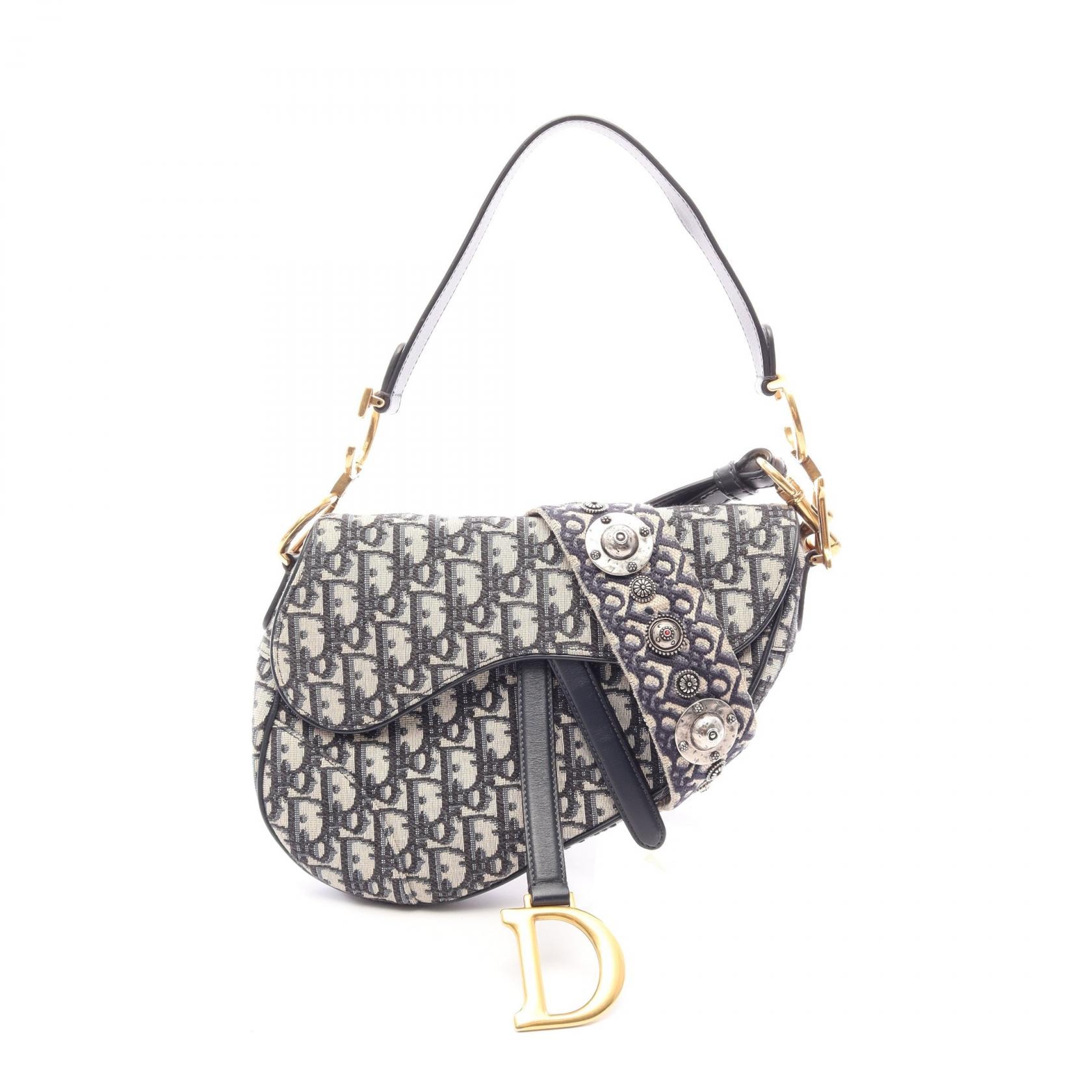 ディオール Dior サドルバッグ オブリークジャカード 2WAY ハンドバッグ バッグ キャンバス レザー レディース ベージュ系 / ネイビー系 【中古】