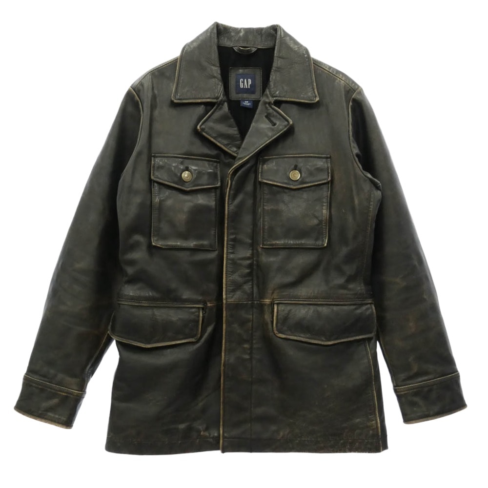 GAP ギャップ OLD 茶芯 牛革 レザー 裏地ウール カーコート ジャケット ダークグレー系 S【中古】