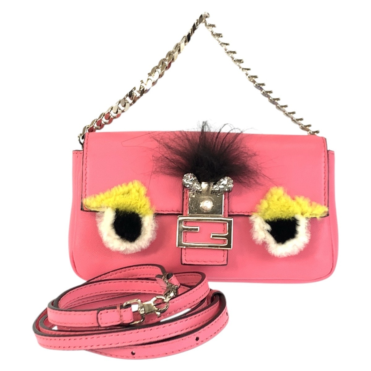 美品 FENDI フェンディ モンスター マイクロバゲット ピンク シルバー金具 レザー ショルダーバッグ ハンドバッグ 601238 【中古】
