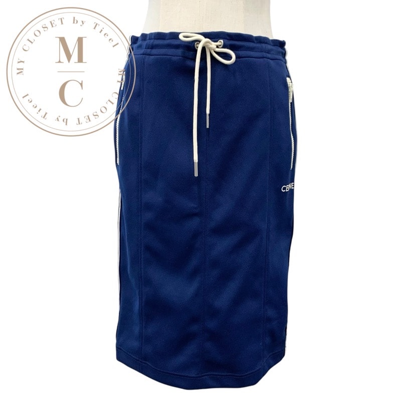 セリーヌ CELINE ボトムス ポリエステル ネイビー アイボリー スカート サイドライン ロゴ
