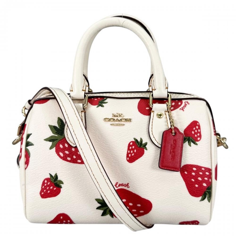COACH コーチ ショルダーバッグ ミニローアン クロスボディ・ワイルド 2WAY ストロベリープリント 斜め掛け CH161 レザー    ホワイト 白 レッド 赤 ゴールド金具 レディース 美品【中古品】