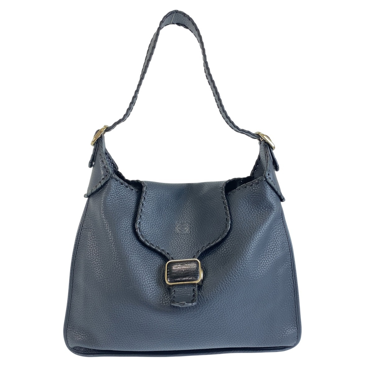 美品 LOEWE ロエベ グラナダ アナグラム ネイビー ゴールド レザー リザード/ ホーボー ショルダーバッグ 1-0289493 【中古】