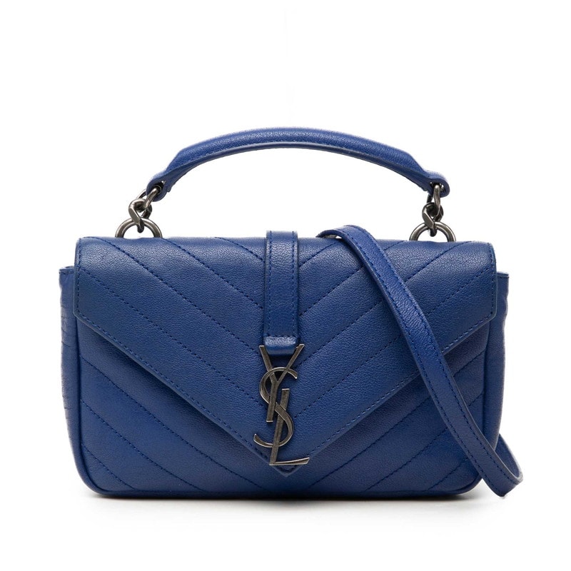 サンローラン YSLロゴ カレッジ ミニ ハンドバッグ チェーン ショルダーバッグ 438492 ブルー レザー レディース SAINT LAURENT 中古