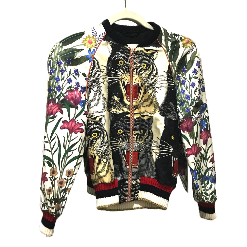 グッチ GUCCI ボンバージャケット 上着 アウター 476247 タイガープリント フローラル タグ有 ブルゾン シルク マルチカラー ホワイト×マルチカラー