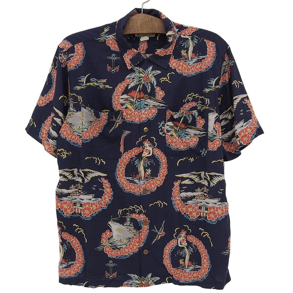 ダブルアールエル レーヨン ココナッツボタン トロピカルプリントキャンプシャツ ハワイアンシャツ メンズ ネイビー L 782686654001 L