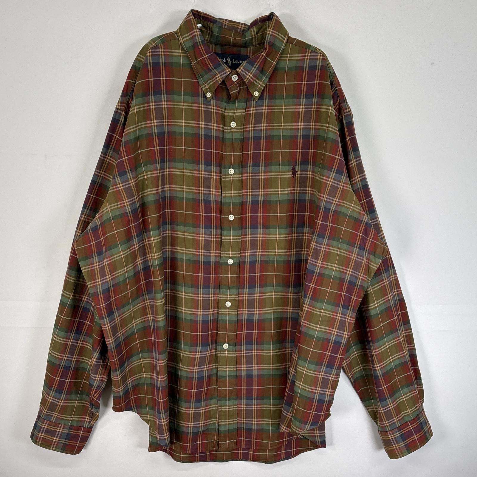 古着 90's/90年代 ラルフローレン RALPH LAUREN 長袖シャツ ロゴ 刺繍 大きいサイズ チェック柄 14041  ブラウン系 マルチカラー メンズ
