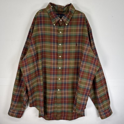 古着 90's/90年代 ラルフローレン RALPH LAUREN 長袖シャツ ロゴ 刺繍 大きいサイズ チェック柄 14041 ブラウン系 マルチカラー メンズ